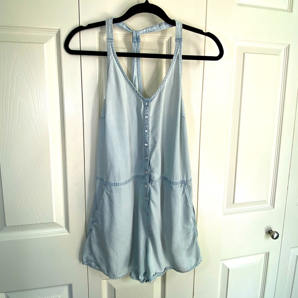 Obey Light Blue Denim Shorts Romper